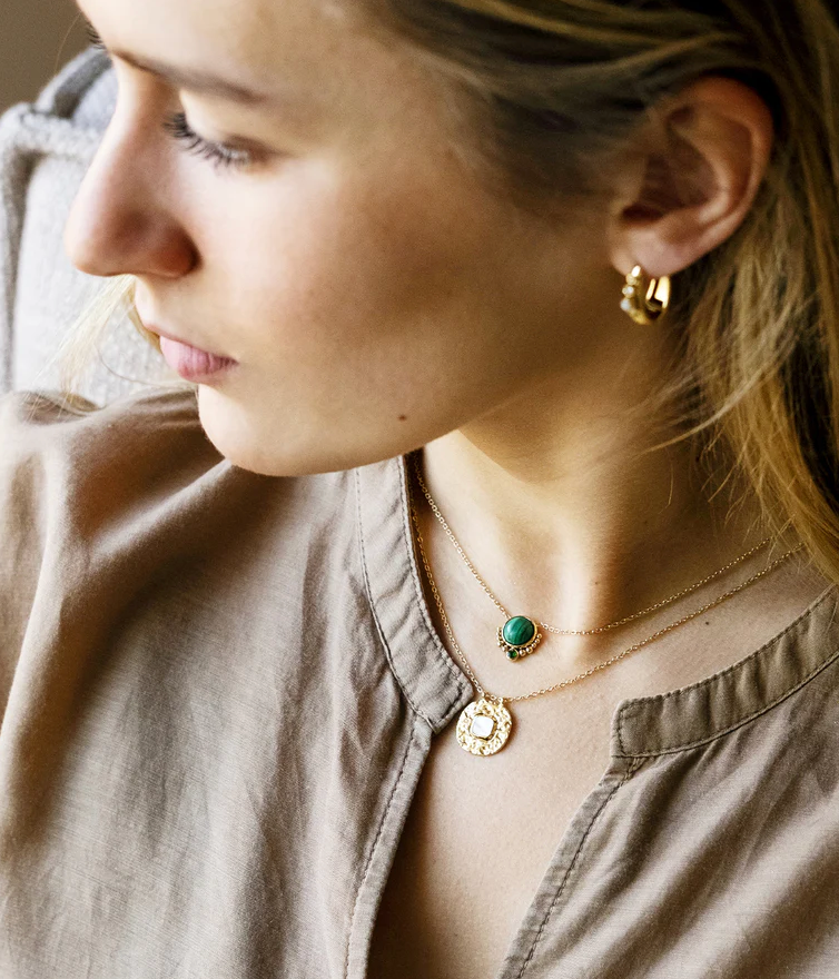Collier Fang acier doré malachite